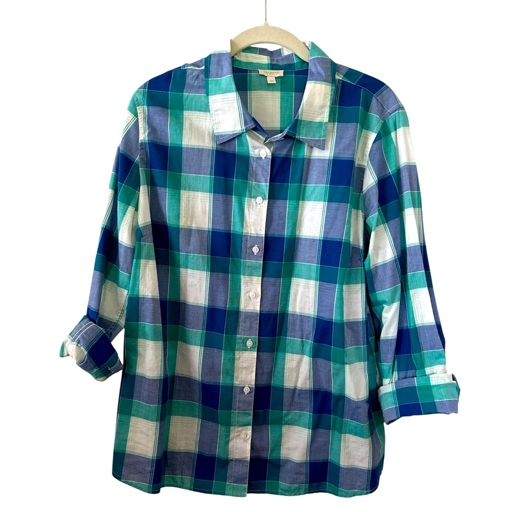 Talbots LP Teal and Navy Plaid Shirt
